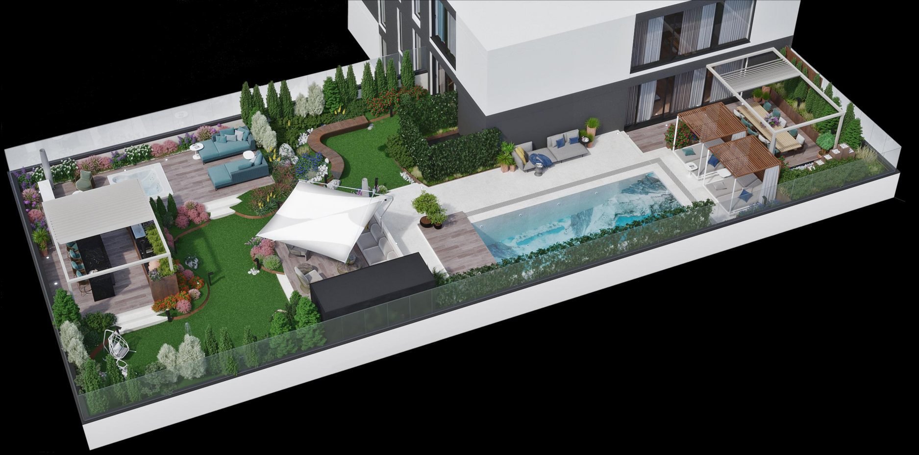 Rooftop terrace masterplan by 2 DECO Studio — pool, jacuzzi, pergola dining and gardens across 405 m²